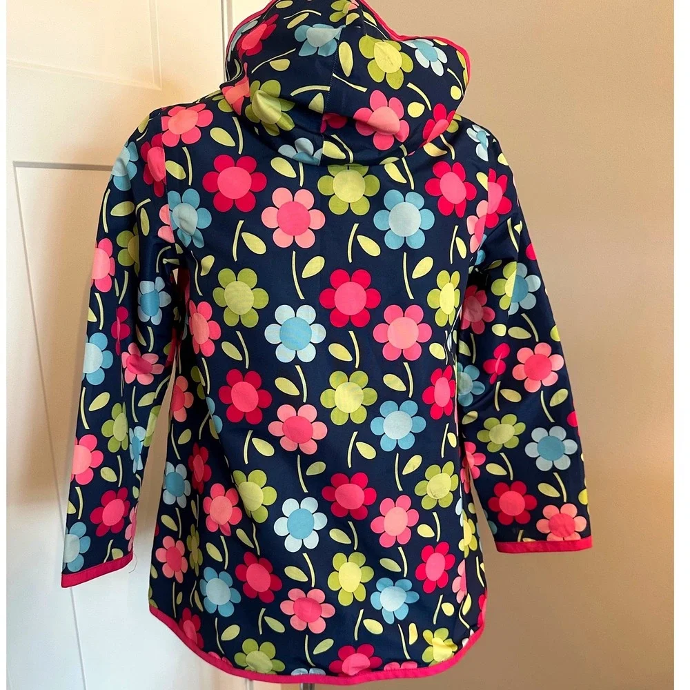 Gymboree Girls Navy Blue Floral Hooded Raincoat Pink Lining Size L 10-12